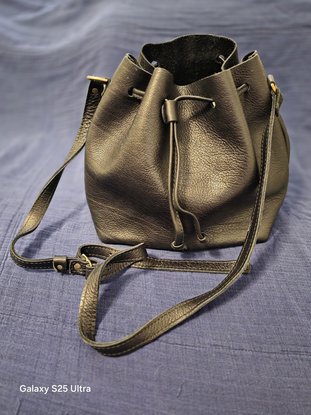 Classic Black Leather Drawstring Bucket Bag - Portland Leather